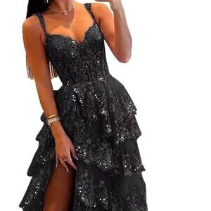 Glitter Tiered Tulle Lace Prom Dress, Evening Gown,  Long , Spaghetti Straps